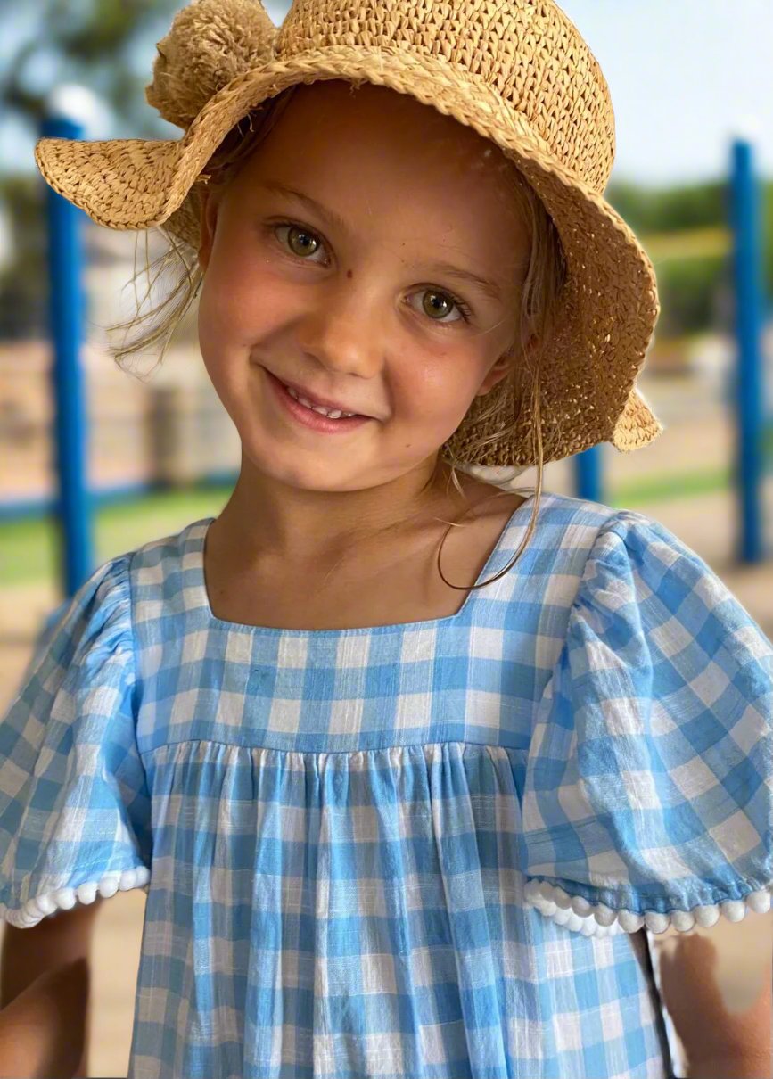 blue gingham dress toddler Toddler Milk SS26 Heart Gingham Smocked Bodice Tie Shoulder Dress (1-7y) - Blue