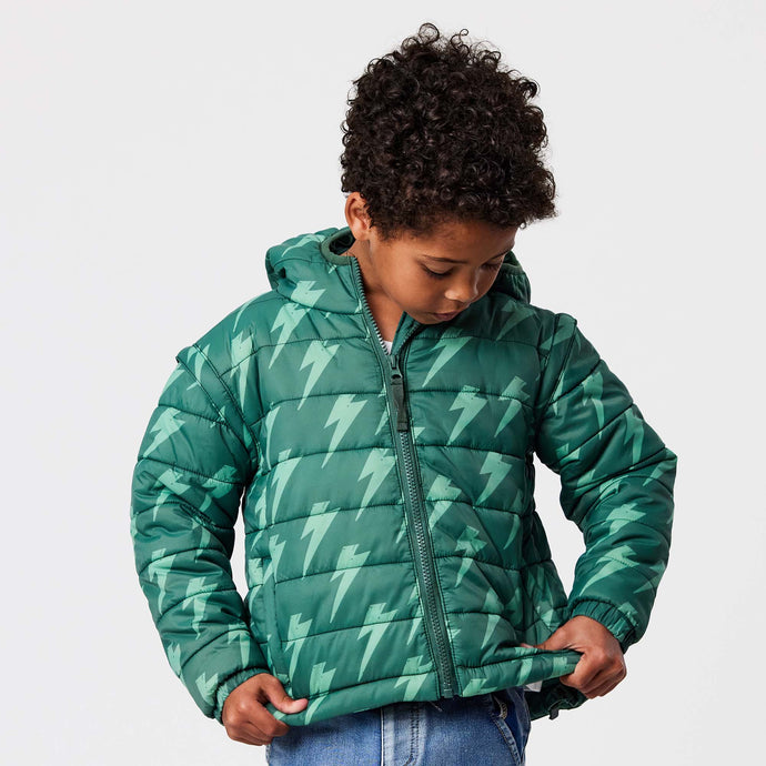 Boy wearing Snapper Rock kids puffer jacket.