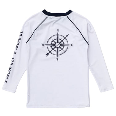 Long sleeve white rash top with black compass design on back.