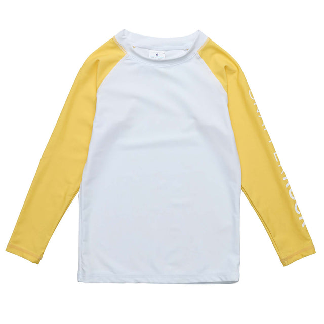 Nachhaltiges Langarm-Rash-Top in Weiß mit gelben Ärmeln