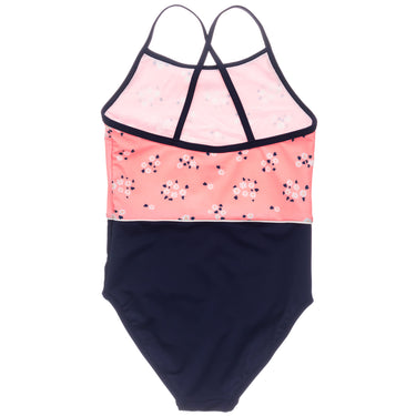 Ditsy coral swimsuit with color block design, featuring our signature Ditsy Coral print, with a solid navy contrast.