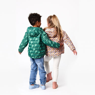 Boy and girl wearing kids puffer jackets.