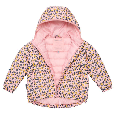 Front view of girls leopard print puffer jacket.