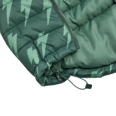 Close up of puffer jacket toggle.