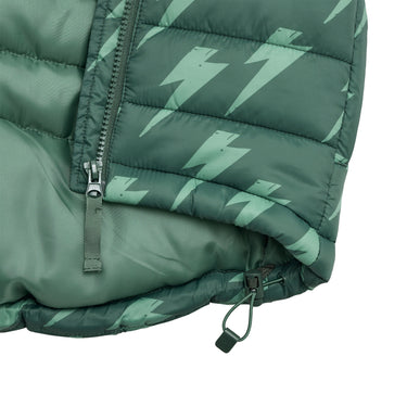 Close up of puffer jacket toggle. 